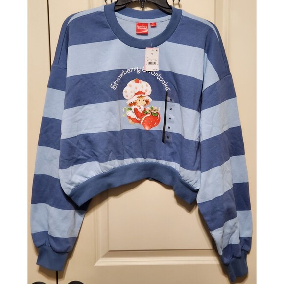 Strawberry Shortcake Women’s Cropped Sweatshirt Blue Striped Size MEDIUM - NWT - Picture 1 of 7